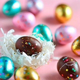 Small chocolate Easter eggs wrapped in shiny foil, placed on a bed of shredded pastel-colored
