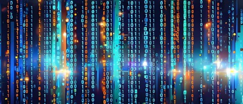 Binary code cascading down like digital rain, representing data insights, vibrant hues, AI