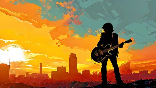 Illustration of a rock star silhouette clutching guitar against abstract urban skyline morphing