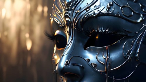 3d rendering of a mask adorned with tears suspended on a wall, AI generated