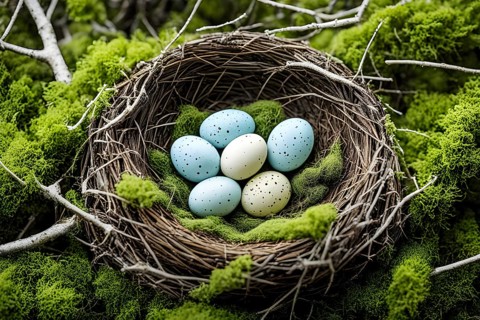 Bird nest filled with speckled eggs, nestled among fresh spring branches and soft moss, AI