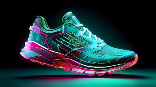 Sporting equipment, like a running shoe, breaking into pixels and data points, morphing into a