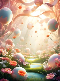 Surreal Easter scene with floating eggs, ribbons, and flowers in a dreamlike, whimsical composition
