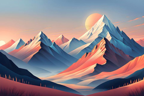 Minimalist landscape with stylized mountains and a setting sun, represented by simple geometric