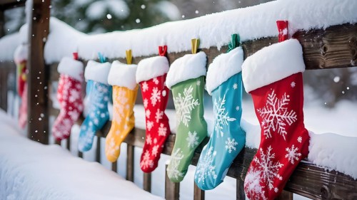 Row of Christmas stockings hanging from a snow-covered wooden fence, with delicate frost patterns