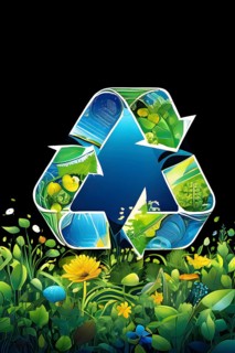 Recycling symbol morphing into growing plants and solar cells to symbolize the transformation of