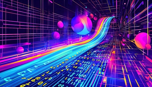 Abstract data stream flowing like liquid light, with sharp lines of code and binary numbers