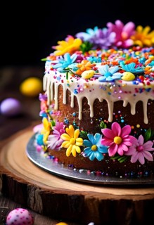 Decorated Easter cake with intricate icing flowers and colorful sprinkles, placed on a rustic