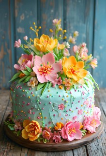 Decorated Easter cake with intricate icing flowers and colorful sprinkles, placed on a rustic
