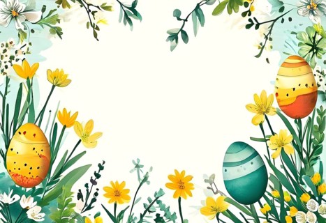 Abstract illustration of a Easter card with delicate colorful hand-drawn illustrations, empty space
