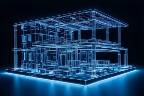 Hologram blue modern house on table, ai generated, AI generated