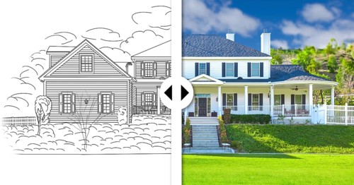 Before and after slider comparing pencil sketch drawing plans and completed custom house