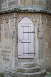 Tower door at St Vitus Church, Iphofen, Lower Franconia, Bavaria, Germany, Europe