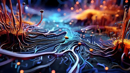 Abstract microscopic view on nerve cells intermingled with cancer cell, AI generated