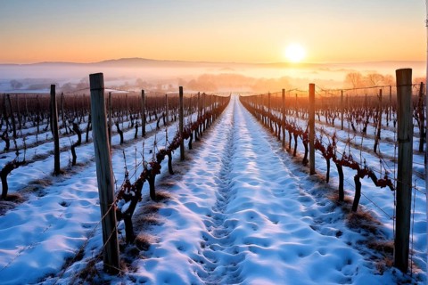 AI generated winter in the vineyard with snow blankets dormant vines and ambient light