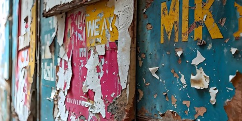 Grunge ripped torn placard posters background in white, pink, blue and yellow colors, AI generated