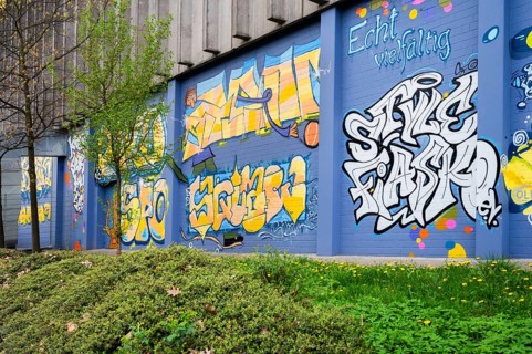 Grafitti on a district sports hall, Siegen, North Rhine-Westphalia, Germany, Europe
