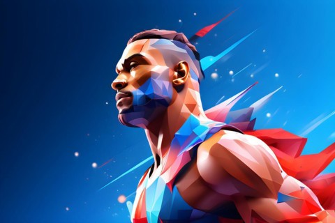 Abstract digital render of a male olympic athlete morphing into fluid shapes in french tricolor