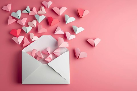 Valentine's Day love letter with envelope and hearts on pink background generated with copy space