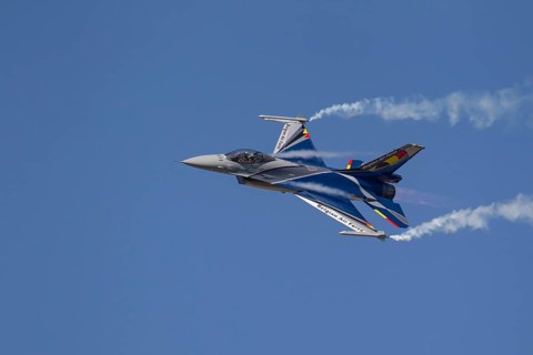 General Dynamics F-16 Fighting Falcon aircraft in Belgium air force colours flying, England, United