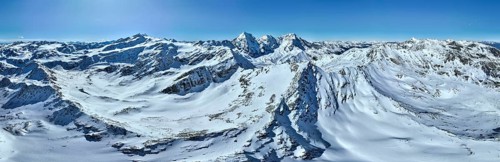 Aerial view, snow-covered mountain landscape, view of Cevedale, Ortler, Monte Zebrù, Königsspitze