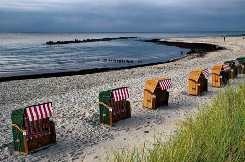 Deserted beach chairs, Baltic Sea beach, Baltic Sea coast at, Wustrow beach, evening mood, Baltic