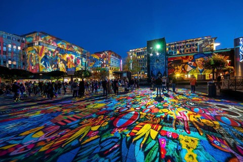 Essen Light Festival, in the city centre, light art on Kennedyplatz, the Berlin artist Daniel