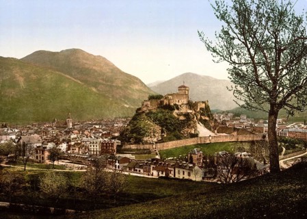 Fortress Château fort de Lourdes and the village, France, ca 1890, Historical, digitally restored