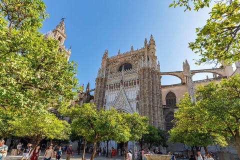 Impressive Gothic cathedral façade surrounded by trees under a blue sky, Seville