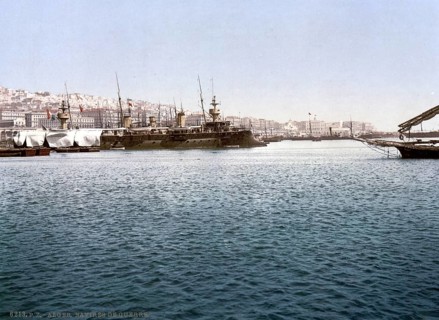 Harbour with warships, Algiers, Algeria, ca 1890, Historical, digitally restored reproduction from