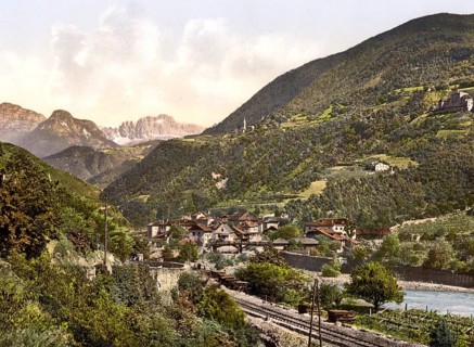 View of the rose garden, a mountain range of the Dolomites in South Tyrol, formerly