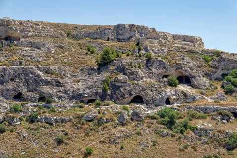 Ancient caves of Matera at the Gravina Gorge. There are around 3000 cave dwellings in Matera, dug