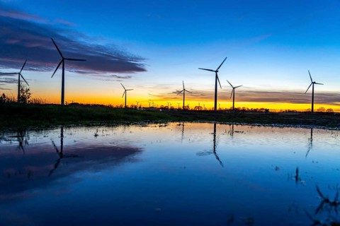 Wind farm near Holzweiler, town of Erkelenz, wind turbines, rain puddle, North Rhine-Westphalia,