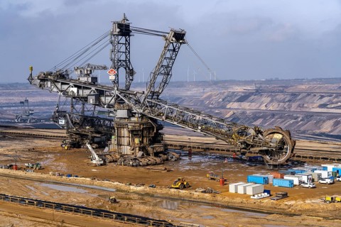Garzweiler opencast lignite mine, bucket wheel excavator undergoing maintenance and repair, near