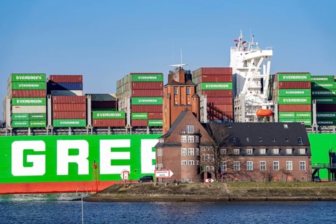 Container ship Ever Gifted, enters the port of Hamburg on the Elbe, shipping company Evergreen,
