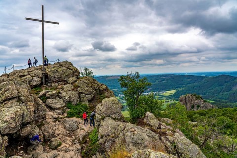 The Bruchhauser Steine, in the Hochsauerland district, the cobblestone, summit cross, rock