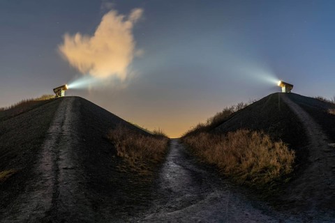 Rungenberg spoil tip in the Buer district, Night Sign light installation, Gelsenkirchen, North