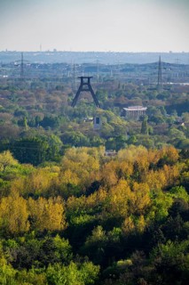 View from the Hoheward spoil tip to the south towards Wanne-Eickel, wooded areas, headframe of the
