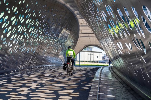 Light effects from the sun in the Parkbruk, a cycle and pedestrian bridge in the city centre of