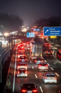 Traffic jam on the A40 motorway, Ruhrschnellweg, in Essen, North Rhine-Westphalia, Germany, Europe