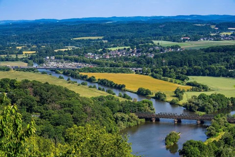 The Ruhr near Hagen, railway bridge, mouth of the river Lippe into the Ruhr, green Ruhr landscape,