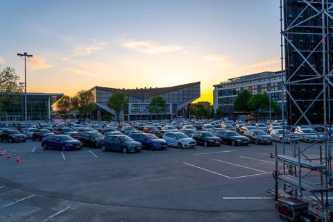 Temporary drive-in cinema, in the car park in front of Messe Essen, Grugahalle, large LED screen,