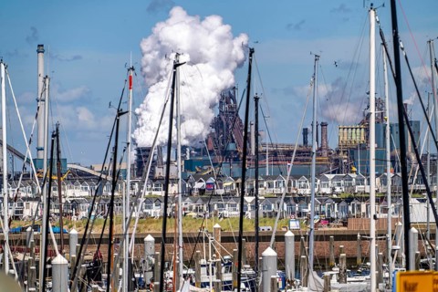 Seaport Marina IJmuiden, marina, sailing boats, yachts, behind the Tata Steel steel and smelting