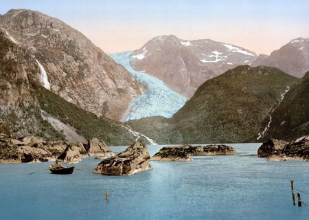 Bondhus glacier and lake, Hardangerfjord, Handanger, Norway, View from 1885, Historical, digitally