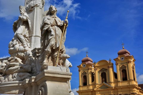 Banat, Timisoara, Timisoara, Old Town, Catholic Cathedral and part of the Trinity Column or Plague