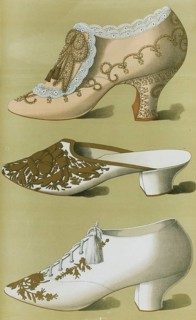 Shoe fashion in 1900, Women's shoes, Imperial shoe, with lace, gold embroidery, beadwork, and knot