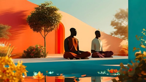 Illustration of a tranquil meditation session scenery in an idyllic garden, AI generated