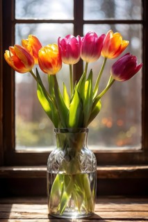 Vase of vibrant tulips aligned on an aged oak wood table, AI generated