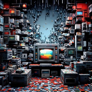 Abstract 3d pixel art technology themed pattern featuring random mosaic in vibrant hues, AI