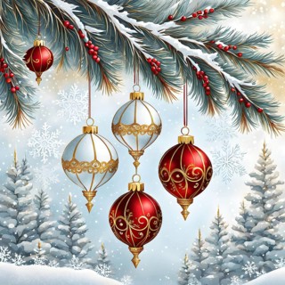 Abstract illustration of a set of ornate Christmas ornaments hanging on a snow-covered pine tree